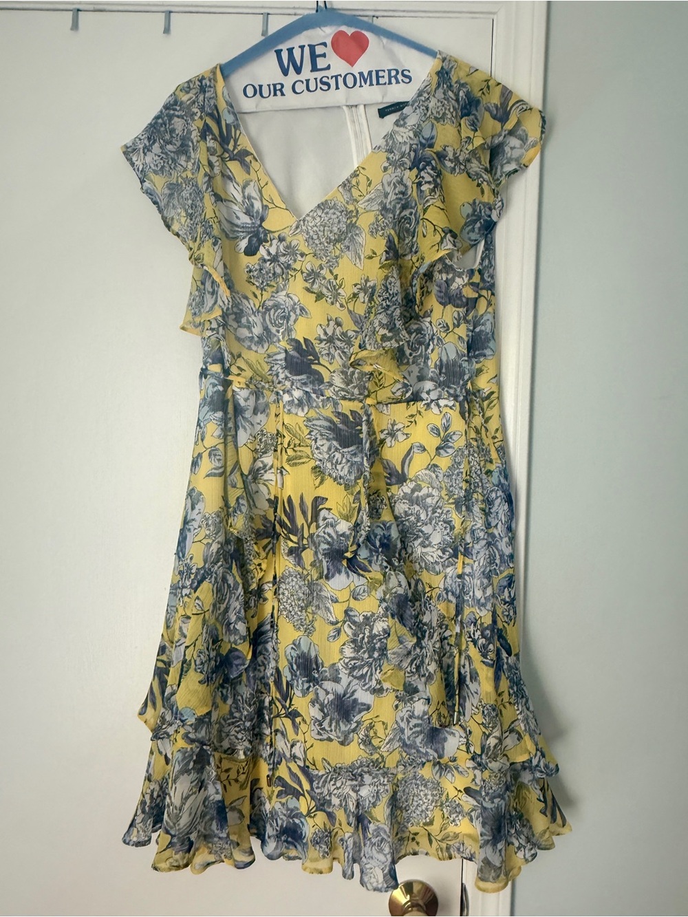 Yellow Floral Ruffle V-Neck Dress